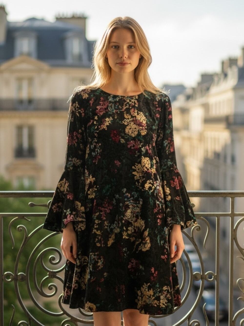NINE WEST Women’s 8 Black Casual Floral Velvet Bell Sleeve Dress